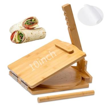 Imagem de Prensa de tortilha de madeira, tortilhas Prensa Para rotativas de 25 cm com 50 peças de papel manteiga, tortilhas Prensa Para resistentes com rolo de massa, para tortilhas mexicanas Roti Burrito, Taco
