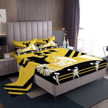 Imagem de Jogo de lençol solteiro Cheer Kids para decoração de quarto de meninas e mulheres, estampa de lantejoulas brilhantes, amarelo e preto, 3 peças (elástico + plano + 1 fronha)