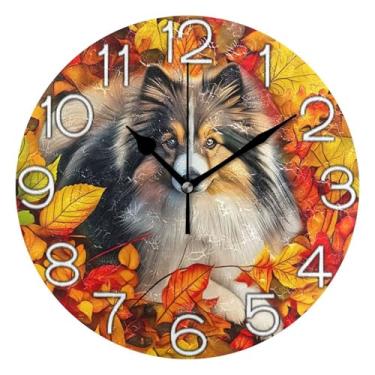 Imagem de GAIGEO Relógio de parede analógico decorativo operado por bateria relógio de cozinha fofo, decoração de parede moderna para sala de estar, cachorro fofo outono folha amarela, 25 cm, ponteiros pretos