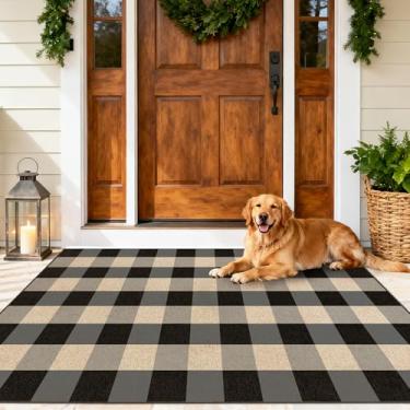 Imagem de JROSING Tapete de juta lavável quadriculado fácil 7,5 x 12,5 cm, preto cinza, xadrez, boho, exterior, interior, pátio, tapetes pequenos, tecido antiderrapante, fino, neutro, tapete para porta de