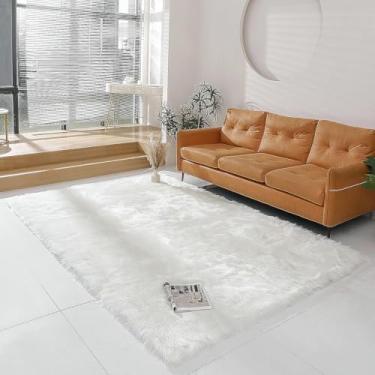 Imagem de linmopm Tapete de pele sintética de pele de carneiro branca felpudo felpudo 1,8 x 2,7 m para quarto, cabeceira, cama, chão, sala de estar, tapete de pelúcia retangular de alta densidade, capa de