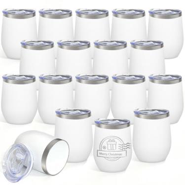 Imagem de YOUKE OLA Pacote com 18 copos de vinho revestidos em pó de aço inoxidável com forro de cerâmica, caneca de café de viagem com isolamento a vácuo de parede dupla com tampas para gravação a laser