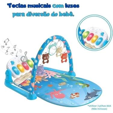 Imagem de Tapete de Atividades Musical para Bebê com Piano Interativo, Arco com Brinquedos Pendurados, Tema Oceano, Azul, 75 x 40 cm