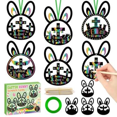 Imagem de CY2SIDE 60PCS Easter Bunny Cross Scratch Cards Gift Set, DIY Christian Jesus is Risen Scratch Paper Crafts Kit for Kids Sunday School Activity, Easter Rabbit Magic Art Rainbow Color Hanging Ornament