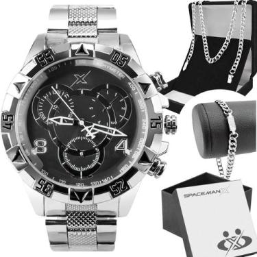 Imagem de Kit Masculino Completo Relógio Analógico Prata Aço Inox 4,5cm com Corr