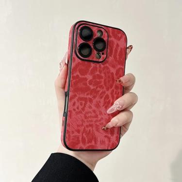 Imagem de HJZSZX Capa de couro luxuosa com estampa de leopardo colorido para iPhone 16 Plus, capa protetora macia fosca à prova de choque (para iPhone 16 Plus/vermelho)