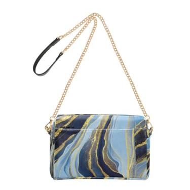Imagem de Bolsa feminina transversal azul dourada estética bolsa para celular linda bolsa de ombro de couro PU alça de corrente