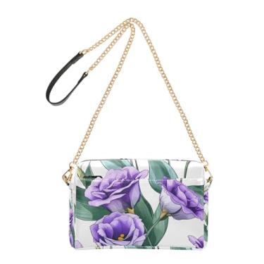 Imagem de Joitme Bolsa tiracolo feminina bolsa para celular flores chiques branco roxo couro PU bolsa de ombro alça de corrente