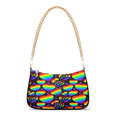 Imagem de Bolsa de ombro de corrente preta com corações roxos e corações arco-íris, bolsa Hobo feminina com estilo clutch para uso diário e festa