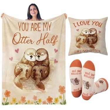 Imagem de Moukeren Conjunto de 3 peças de presente de lontra de dia dos namorados, incluindo cobertor de lontra de flanela macia com fronha combinando, meias inovadoras, presente para casais de animais fofos