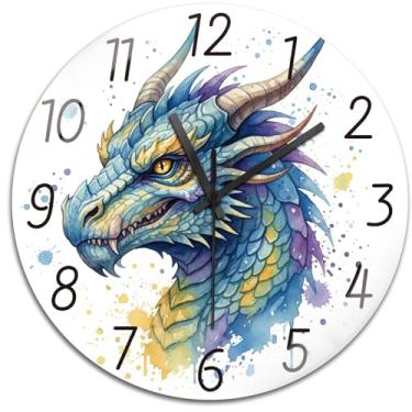 Imagem de peacoblue Relógios de parede, dragão operado por bateria, relógio de parede redondo de vidro de 30 cm, sem tique-taque para cozinha, sala de estar, sala de jantar, quarto e banheiro, acessórios de
