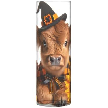 Imagem de Vaso de flores cilíndrico para mesa Halloween abóbora vaca highland vaso de flores redondo bonito impressão personalizada quarto decoração de casa, 30 cm x 9,9 cm