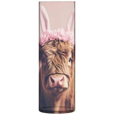 Imagem de Vaso de flor de cilindro de coelho de vaca Highland fofo para mesa, vaso redondo de plástico, fofo, personalizado, exclusivo, floral, decoração estética, 30 x 9,9 cm