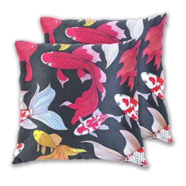 Imagem de Conjunto de 2 capas de almofadas coloridas de peixe dourado Koi Fish preto para cama, 45 x 45 cm, 2 peças