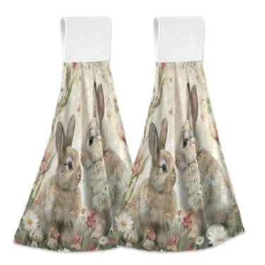 Imagem de Joitme Spring Bunnies Toalhas de Mão Penduradas Coelho da Páscoa com Laço, Pacote com 2 Toalhas Decorativas de Lã Coral Macia Absorvente Cozinha Banheiro com Fita Mágica para Forno e Secagem de Louça