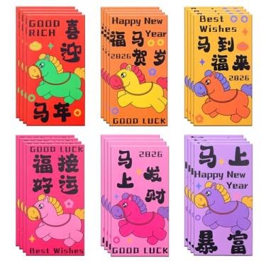 Imagem de Envelopes vermelhos de ano novo chinês, 24 peças cavalos lunares presentes de Ano Novo Hong Bao para crianças, pacotes de dinheiro da sorte
