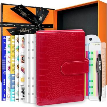 Imagem de Agenda de caderno pessoal de couro PU com 67 páginas, papéis de folhas soltas, 6 furos, suporte de caneta, fivela magnética (padrão de crocodilo vermelho, caixa de presente A6)