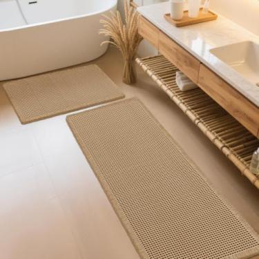 Imagem de IM HOME Conjunto de 2 peças de tapete de banheiro waffle cáqui, tapetes de banho modernos tecidos, tapete de banho antiderrapante absorvente, tapetes de banho boho macios laváveis com borlas para
