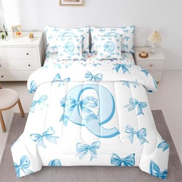 Imagem de Lindo conjunto de cama solteiro com laço de letra azul, 7 peças, para meninas, conjunto de edredom com letra inicial personalizada com lençóis, cama com laço de princesa sonhadora em uma bolsa para