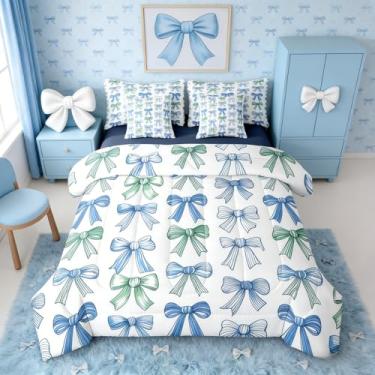 Imagem de Erosebridal Jogo de cama casal com laço verde azul e laço coquete, 7 peças, conjunto de edredom com lençóis, cama de gravata borboleta em uma bolsa, conjunto de cama estética
