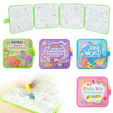 Imagem de Pacote com 4 livros de pintura aquática, livro de colorir com tema de caneta, arte de pintura sem bagunça, tinta para colorir reutilizável, diversão para atividades de viagem (4 conjuntos)