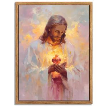 Imagem de Tela emoldurada Sagrado Coração de Jesus Arte de Parede Retrato de Jesus Imagem Católica Decoração de Parede Fé Religiosa Cristã Impressão de Pintura para Sala de Oração Sala de Estar Quarto Tela 30 x