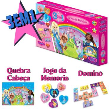 Imagem de Jogos 3 em 1 Sonho de Princesa Jogo da Memória Quebra Cabeça e Dominó Para Meninas