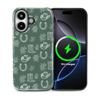 Imagem de casesok Capa para iPhone 16, compatível com MagSafe, capa rígida de camada dupla + capa de silicone, proteção total à prova de choque, capa para iPhone 16 - chapéu de cowboy verde vintage botas flores