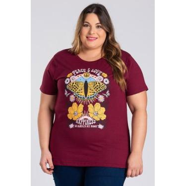 Imagem de T-shirt Feminina Plus Size Malha Algodão Estampada "PEACE & LOVE" - Se