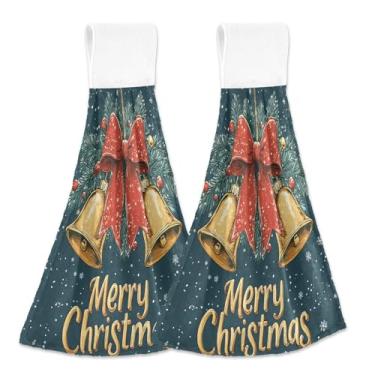 Imagem de Blueangle 2 peças de toalhas de gravata penduradas com sinos de Natal toalha de mão de cozinha absorvente de veludo coral macio pano de pano para cozinha e banheiro (676)