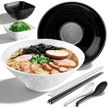 Imagem de Kyraton Conjunto de tigelas de ramen de 1,134 g com tigelas e colheres de pauzinhos: 2 tigelas de sopa grandes de macarrão de plástico inquebrável estilo japonês para sopa asiática Pho Miso tailandês