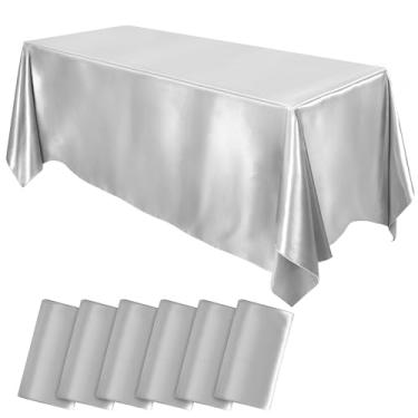 Imagem de MCEAST Pacote com 6 toalhas de mesa de cetim 250 x 137 cm, retangular, sobreposição, toalha de mesa de seda brilhante, decoração de mesa de tecido liso para decoração de banquete de casamento (prata)