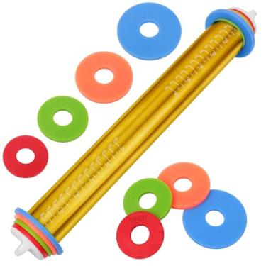 Imagem de Rolos ajustáveis para assar, rolo de massa de aço inoxidável com anéis grossos, rolo de massa de metal para fondant cookies, pastelaria, pizza, massa, rolo de medição para assar bolos, dourado