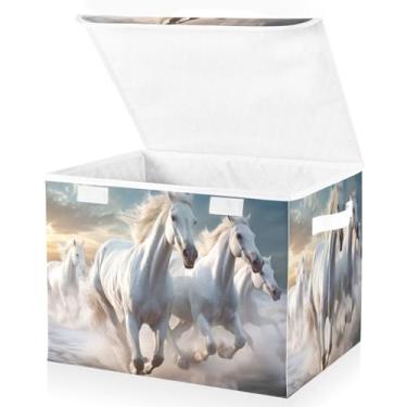 Imagem de Blueangle Cestos de armazenamento para corrida White Horses com tampas, 42 x 32 x 30 cm, grande cesta organizadora dobrável para decoração de casa e escritório (386)