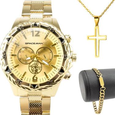 Imagem de Relógio Masculino Dourado Analógico Aço Inoxidável com Kit Acessórios 