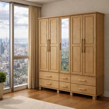 Imagem de Guarda Roupa Madeira Maciça Bipartido c/ Espelho 5 Portas - LaCasaMia,