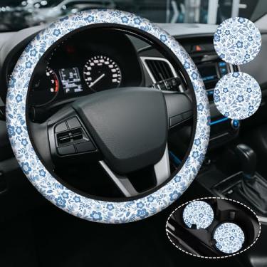 Imagem de Capa de volante floral azul, capa de volante de neoprene antiderrapante, acessórios de carro para mulheres e homens, ajuste universal de 38 cm para automóvel, SUVS, inclui 2 porta-copos de cerâmica