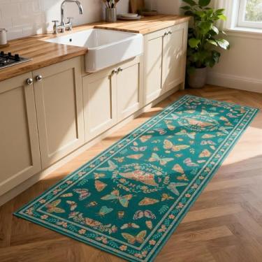 Imagem de Unirea Tapete de corredor azul escuro de 5 x 15 cm, tapete botânico lavável antiderrapante para corredor, cozinha, banheiro, lavanderia, entrada, quarto, tapete de porta boho macio, tapete de entrada