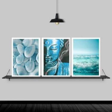 Imagem de Kit 3 Quadros Zen Buda Mar ul 33X24Cm Moldura Branca - Quadros On-Line