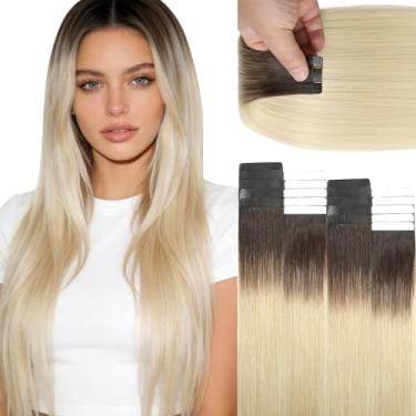 Imagem de Lacer Extensões de cabelo com fita adesiva de cabelo humano, tingido, ombré, castanho escuro para loiro platinado R#2/60 sem costura, trama de pele de poliuretano, cabelo natural, 50 cm, invisível dupla face, 50 g, 20 peças/conjunto