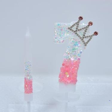 Imagem de Velas de aniversário rosa número 9, com 6 velas combinando, topo de bolo de coroa, decorações de festa de aniversário de princesa, enfeite de cupcake, lembrancinhas de festa (rosa, número 9)
