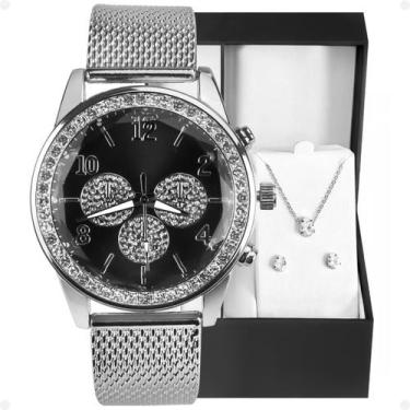 Imagem de Relogio feminino aço prata strass + caixa + brincos social moda prova 