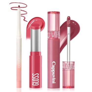 Imagem de Conjunto de 3 peças para lábios: lápis delineador labial fosco + protetor labial hidratante + brilho labial suculento, antiaderente, de longa duração, kit de maquiagem labial com alto pigmento