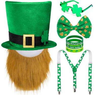 Imagem de JATEBI Traje de fantasia de Dia de São Patrício, inclui chapéu de Dia de São Patrício, gravata borboleta, duende, barba, trevos, óculos de sol, suspensórios e pulseira, acessórios de fantasia