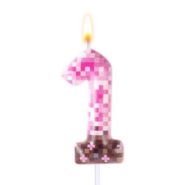Imagem de Vela Aniversário Pixel, Vela Aniversário Premium com Tema Impressão Pixel Rosa Topo Bolo Festa com Tema Rosa Adequada para Chá Bebé Casamento Decoração Festa Jogos (Número 1)