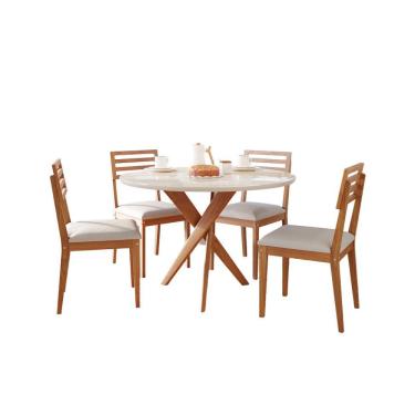 Imagem de Conjunto de Mesa Redonda com Tampo de Vidro Off White Cacau e 4 Cadeiras Juparanã Linho Bege e Cinamomo