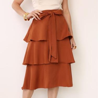 Imagem de Saia Feminina Três Maria Babado Midi Com Cinto Evangélica Cor:MarromTa