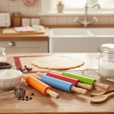 Imagem de Rolo De Massa Silicone 50cm Com Cabo De Madeira Colorido - Taira Home