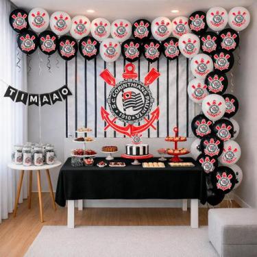 Imagem de Kit Festa Corinthians Decoração Toalha Preta+ Baloes+ painel - Festcol