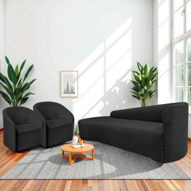 Imagem de Kit Sofá Curvo França 200cm L.e E 2 Poltronas Luiza Max Conforto, Elegância E Design Moderno Linho Preto